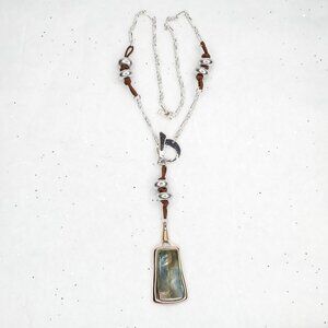 ALM Soho Boho Toggle Necklace Abalone Shell Silver Tone Long Bold Modernist